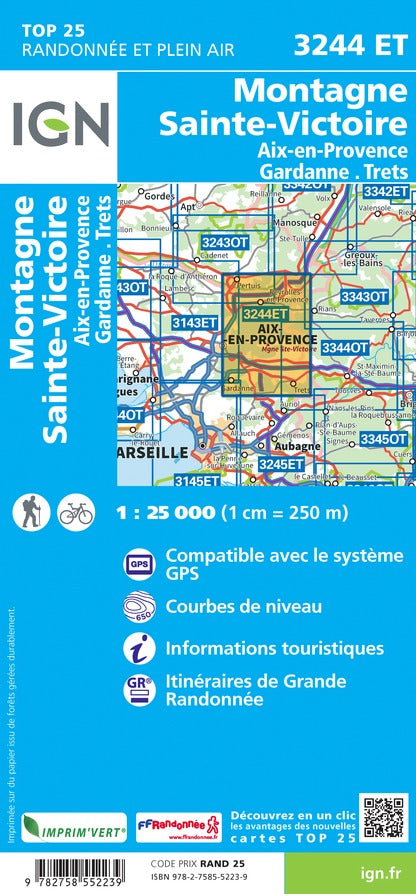 Carte TOP 25 n° 3244 ET - Montagne Sainte Victoire, Aix en Provence, Gardanne & Trets | IGN carte pliée IGN 