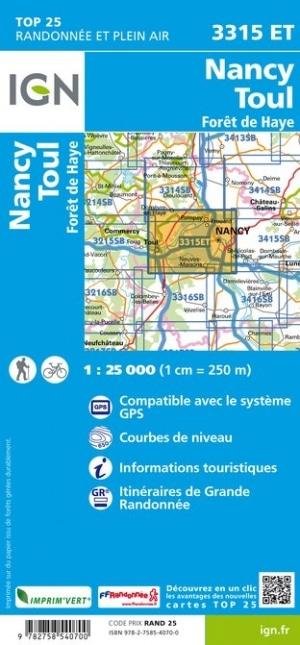 Carte TOP 25 n° 3315 ET- Nancy, Toul & Forêt de Haye | IGN carte pliée IGN 