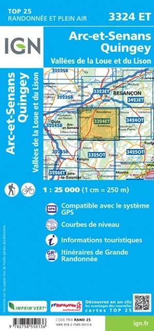 Carte TOP 25 n° 3324 ET - Arc-et-Senans, Quingey, Vallées de la Loue et du Lison | IGN carte pliée IGN 