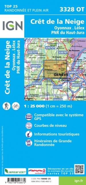 Carte TOP 25 n° 3328 OT - Crêt de la Neige, Oyonnax & Lélex (PNR du Haut Jura) | IGN carte pliée IGN 