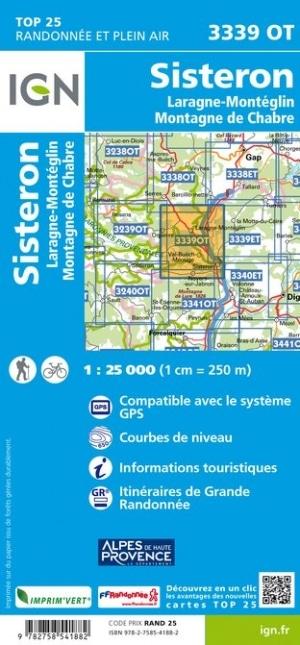 Carte TOP 25 n° 3339 OT - Sisteron, Laragne-Montéglin & Montagne de Chabre | IGN carte pliée IGN 