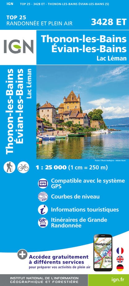 Carte TOP 25 n° 3428 ET - Thonon-les-bains, Evian-les-Bains & lac Léman (Alpes) | IGN carte pliée IGN 
