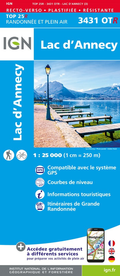 Carte TOP 25 n° 3431 OTR (résistante) - Lac d'Annecy (Alpes) | IGN carte pliée IGN 