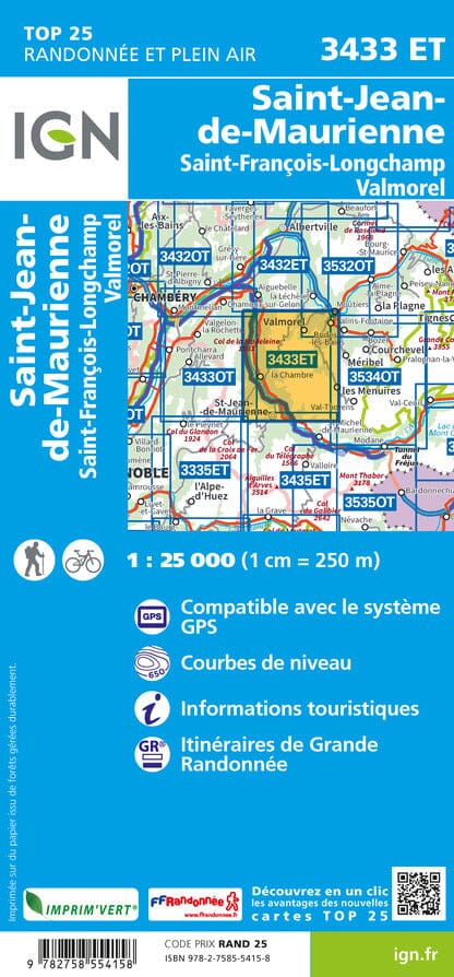 Carte TOP 25 n° 3433 ET - St-Jean-de-Maurienne, St-François-Longchamp & Valmorel (Alpes) | IGN carte pliée IGN 