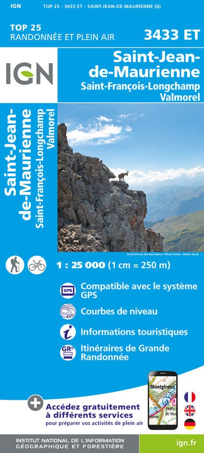 Carte TOP 25 n° 3433 ET - St-Jean-de-Maurienne, St-François-Longchamp & Valmorel (Alpes) | IGN carte pliée IGN 2023 