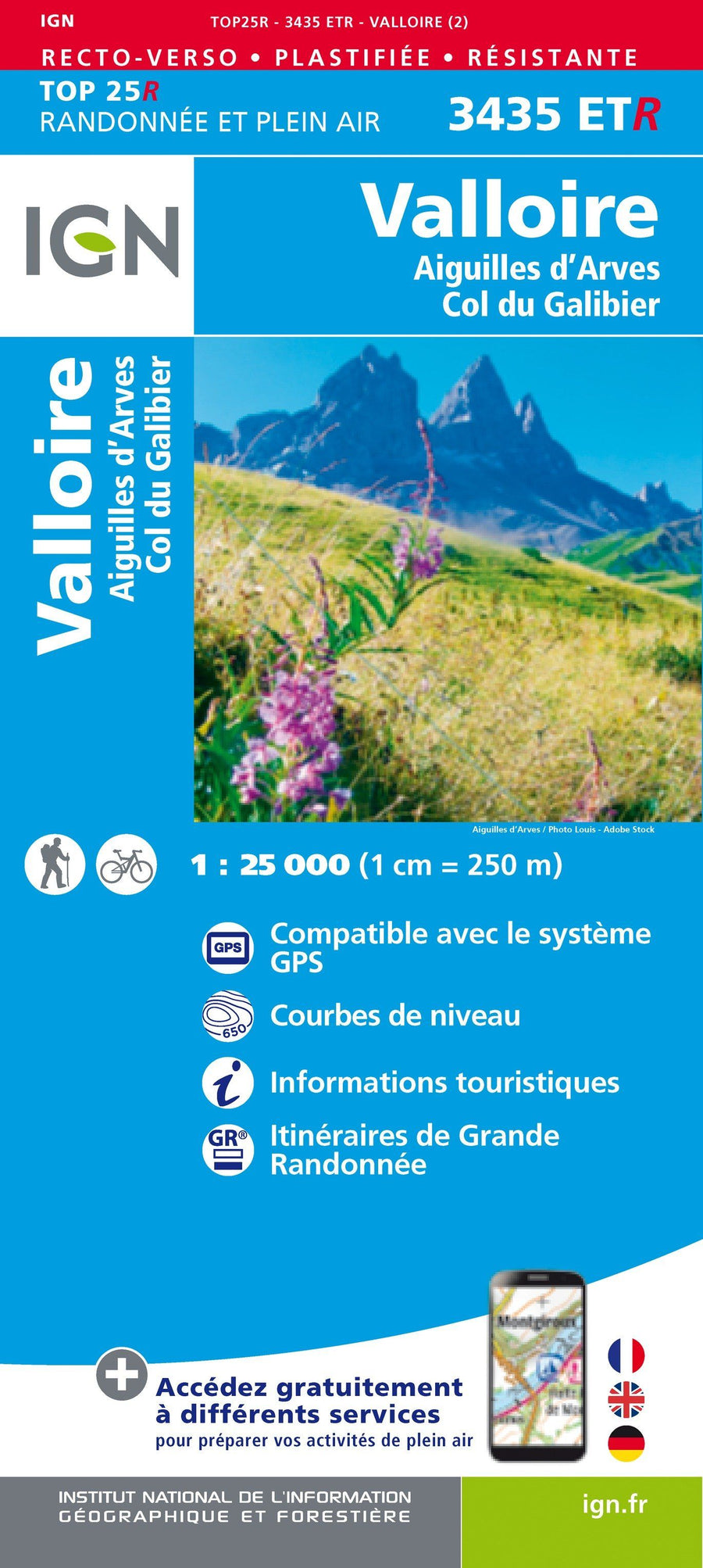 Carte TOP 25 n° 3435 ETR (résistante) - Valloire, Aiguilles d'Arves & Col du Galibier (Alpes) | IGN carte pliée IGN 