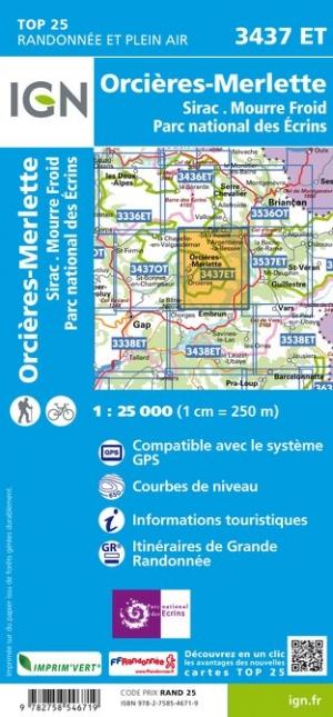 Carte TOP 25 n° 3437 ET - Orcières-Merlette (PN des Ecrins, Alpes) | IGN carte pliée IGN 