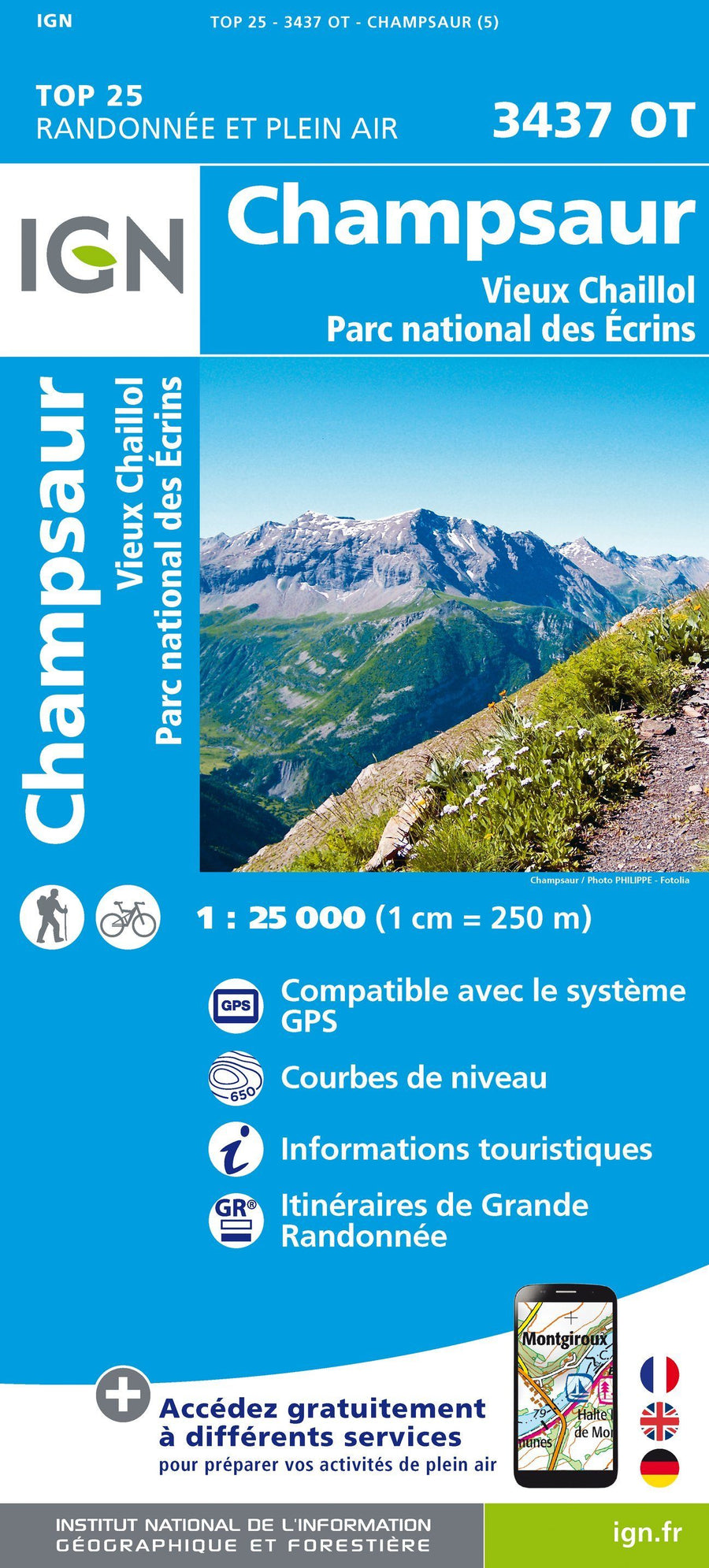 Carte TOP 25 n° 3437 OT - Champsaur, Vieux Chaillol (PN des Ecrins, Alpes) | IGN carte pliée IGN 