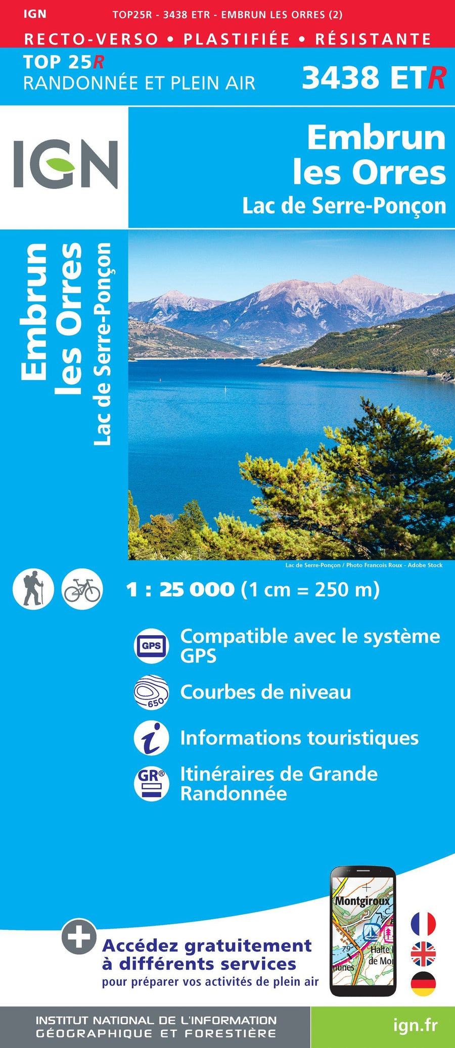 Carte TOP 25 n° 3438 ETR (Résistante) - Embrun, les Orres & Lac de Serre-Ponçon | IGN carte pliée IGN 
