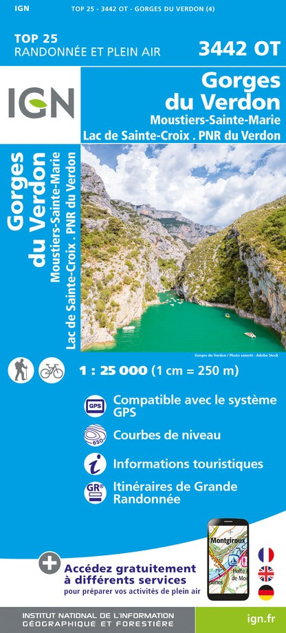 Carte TOP 25 n° 3442 OT - Gorges du Verdon, Moustiers-Ste-Marie & Lac de Ste Croix (PNR du Verdon) | IGN carte pliée IGN 