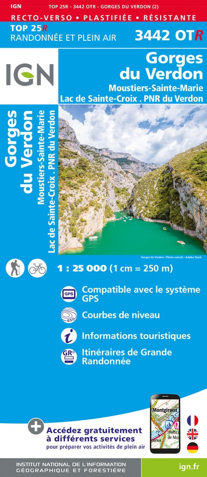 Carte TOP 25 n° 3442 OTR (résistante) - Gorges du Verdon, Moustiers-Ste-Marie & Lac de Ste Croix (PNR du Verdon) | IGN carte pliée IGN 