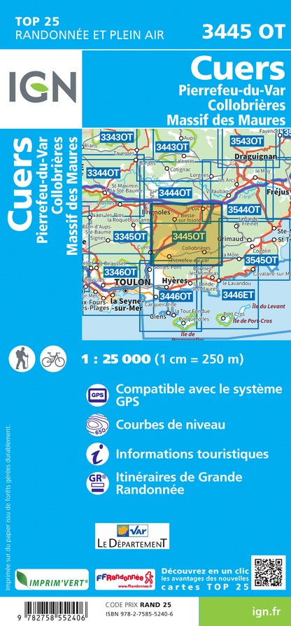 Carte TOP 25 n° 3445 OT - Cuers, Pierrefeu-du-Var, Collobrières, Massif des Maures | IGN carte pliée IGN 