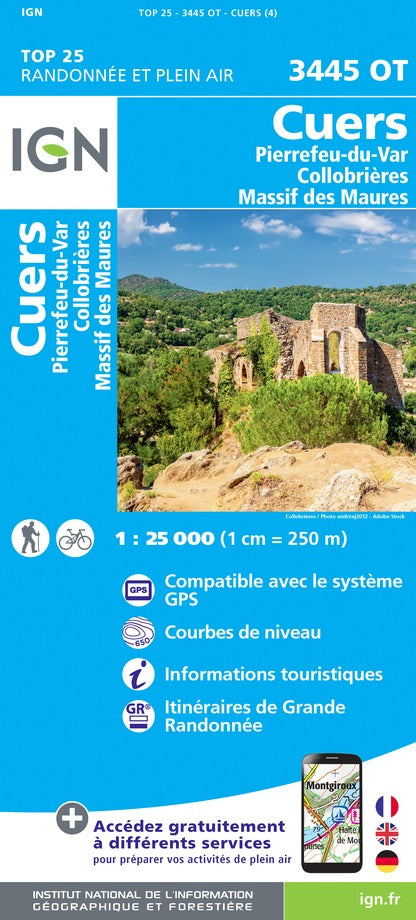 Carte TOP 25 n° 3445 OT - Cuers, Pierrefeu-du-Var, Collobrières, Massif des Maures | IGN carte pliée IGN 
