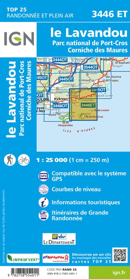 Carte TOP 25 n° 3446 ET - Le Lavandou, Parc national de Port-Cros, Corniche des Maures | IGN carte pliée IGN 