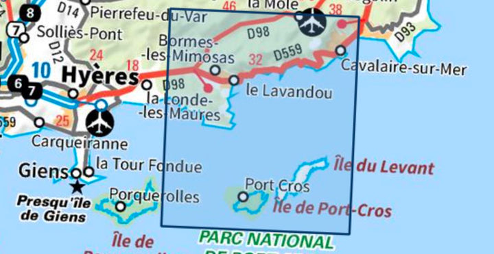 Carte TOP 25 n° 3446 ET - Le Lavandou, PN de Port-Cros, Corniche des Maures | IGN carte pliée IGN 