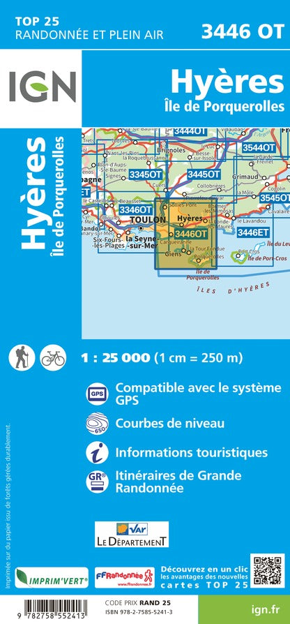 Carte TOP 25 n° 3446 OT - Hyères, Ile de Porquerolles | IGN carte pliée IGN 