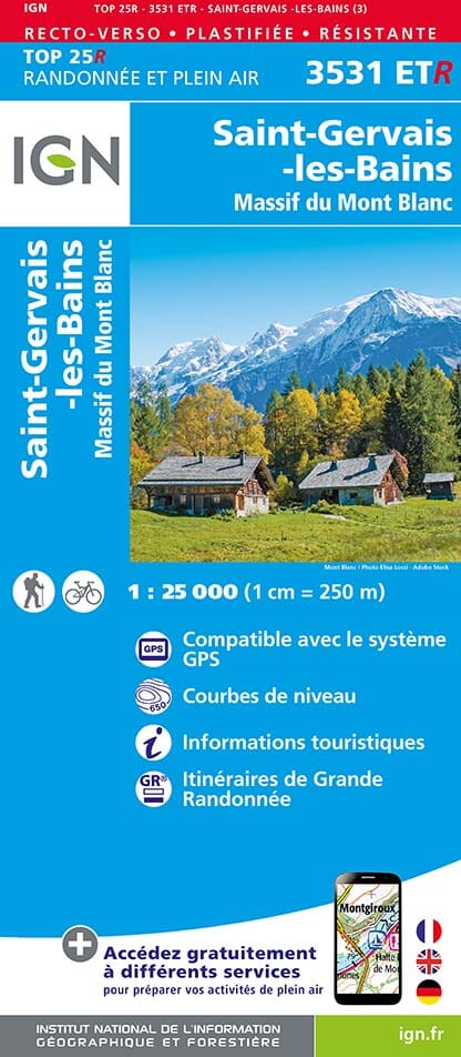 Carte TOP 25 n° 3531 ETR (résistante) - St Gervais & Massif du Mont Blanc | IGN carte pliée IGN 