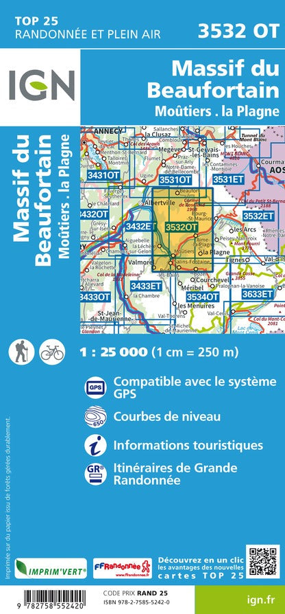 Carte TOP 25 n° 3532 OT - Massif du Beaufortain, Moûtiers, La Plagne | IGN carte pliée IGN 