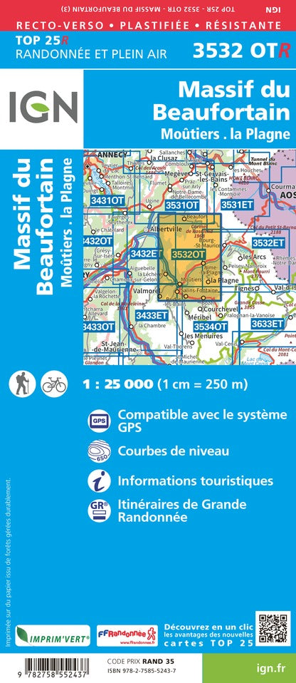 Carte TOP 25 n° 3532 OTR (résistante) - Massif du Beaufortain, Moûtiers, La Plagne (Alpes) | IGN carte pliée IGN 