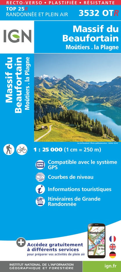 Carte TOP 25 n° 3532 OTR (résistante) - Massif du Beaufortain, Moûtiers, La Plagne (Alpes) | IGN carte pliée IGN 