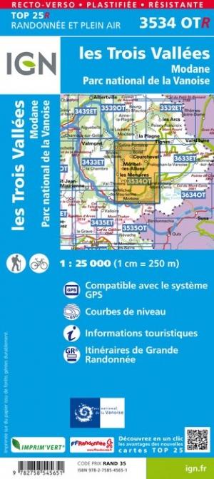 Carte TOP 25 n° 3534 OTR (résistante) - Les Trois Vallées & Modane (PN de la Vanoise, Alpes) | IGN carte pliée IGN 