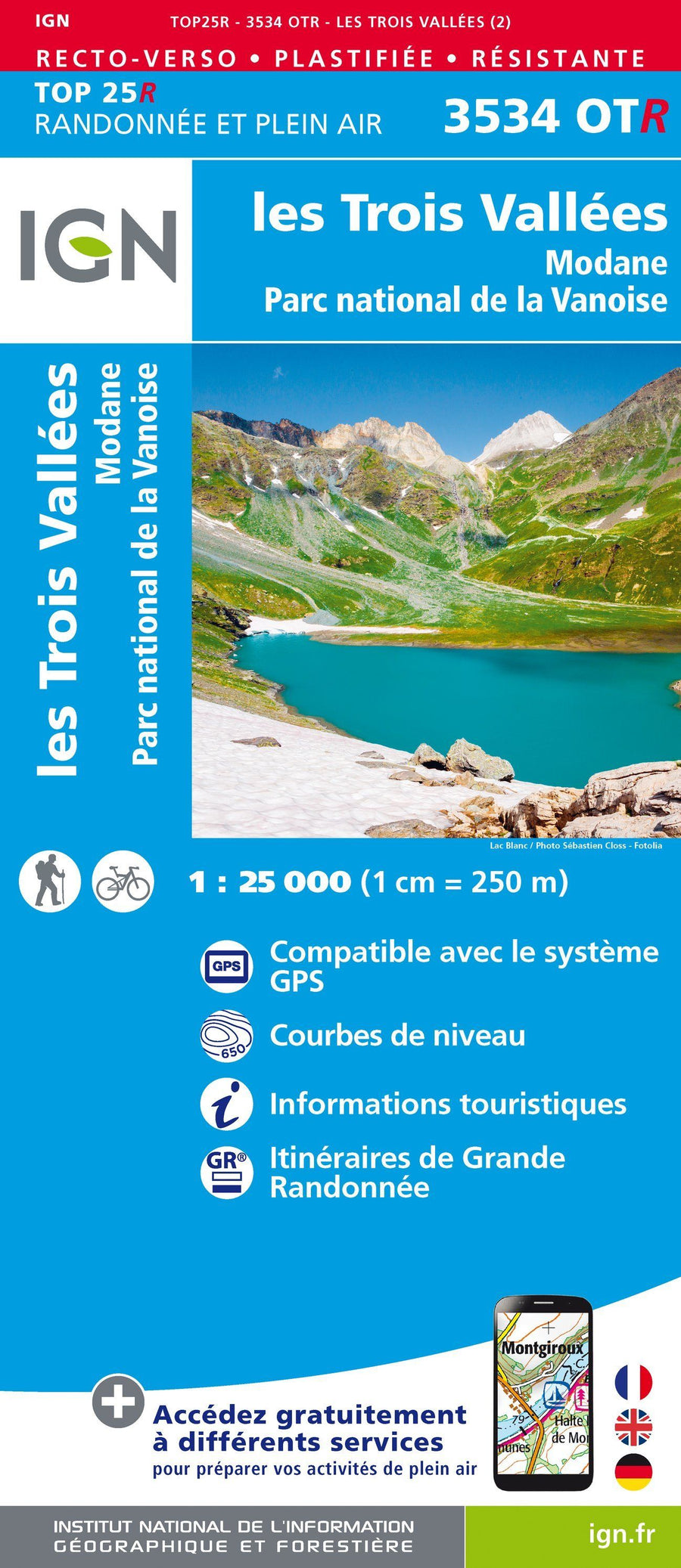 Carte TOP 25 n° 3534 OTR (résistante) - Les Trois Vallées & Modane (PN de la Vanoise, Alpes) | IGN carte pliée IGN 