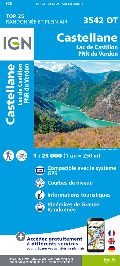 Carte TOP 25 n° 3542 OT - Castellane, Lac de Castillon (PNR du Verdon) | IGN carte pliée IGN 