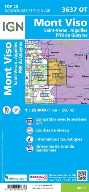 Carte TOP 25 n° 3637 OT - Mont Viso, St Véran et Aiguilles (Queyras) | IGN carte pliée IGN 