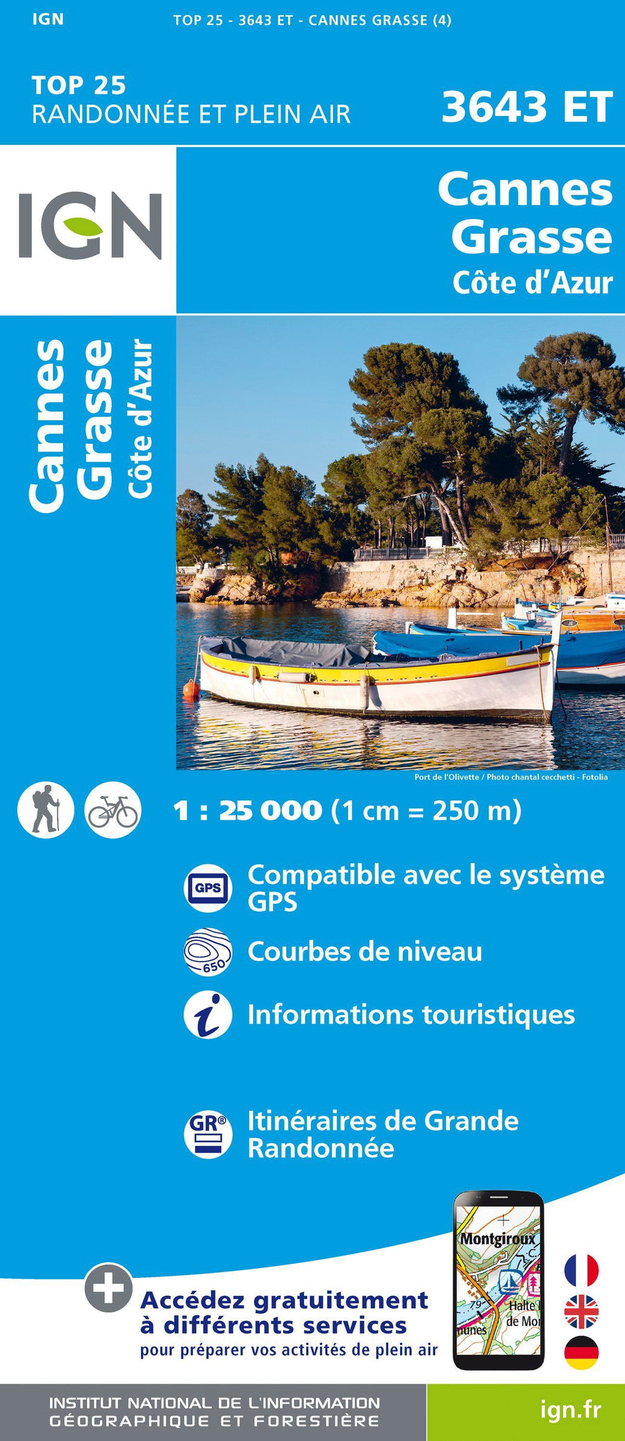 Carte TOP 25 n° 3643 ET - Cannes, Grasse & Côte d'Azur | IGN carte pliée IGN 