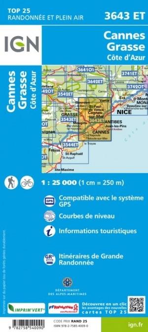 Carte TOP 25 n° 3643 ET - Cannes, Grasse & Côte d'Azur | IGN carte pliée IGN 