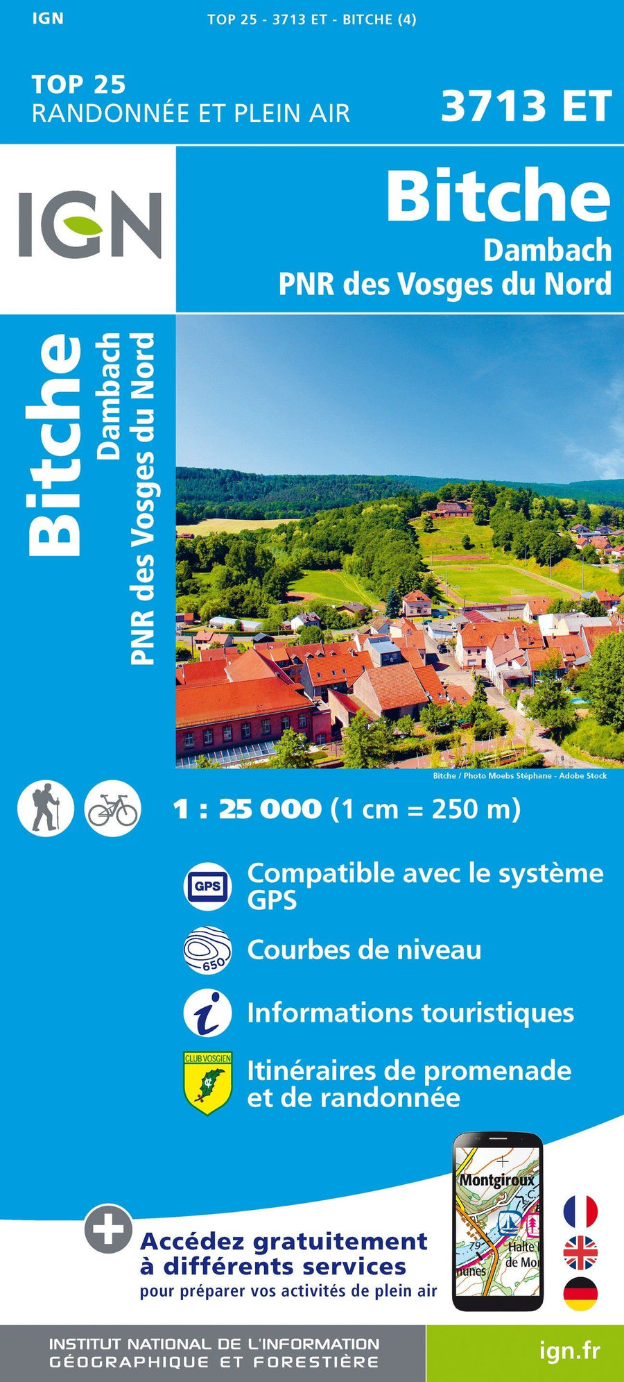 Carte TOP 25 n° 3713 ET - Bitche, Dambach, PNR des Vosges du Nord | IGN carte pliée IGN 