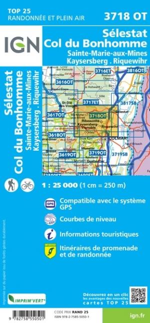 Carte TOP 25 n° 3718 OT - Sélestat, Col du Bonhomme, Sainte-Marie-aux-Mines, Kaysersberg, Riquewihr | IGN carte pliée IGN 