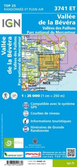 Carte TOP 25 n° 3741 ET - Vallées de la Bévéra et des Paillons (PNR du Mercantour) | IGN carte pliée IGN 