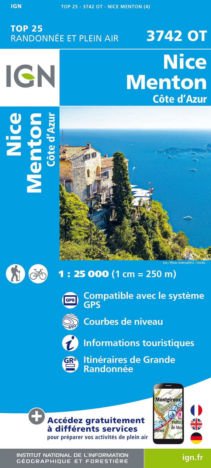 Carte TOP 25 n° 3742 OT - Nice, Menton & Côte d'Azur | IGN carte pliée IGN 