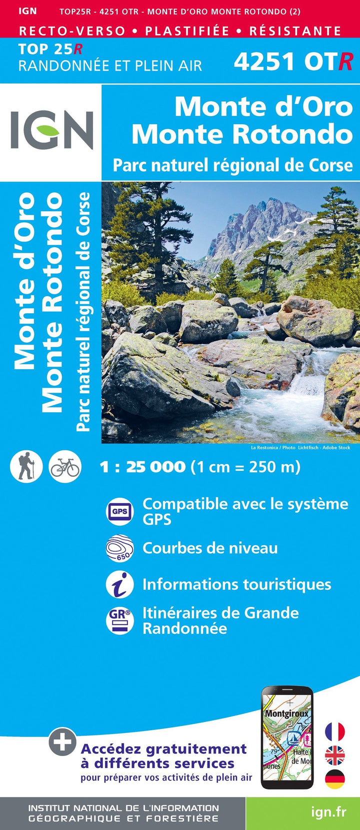 Carte TOP 25 n° 4251 OTR - Monte d'Oro, Monte Rotondo (PNR de Corse) | IGN carte pliée IGN 