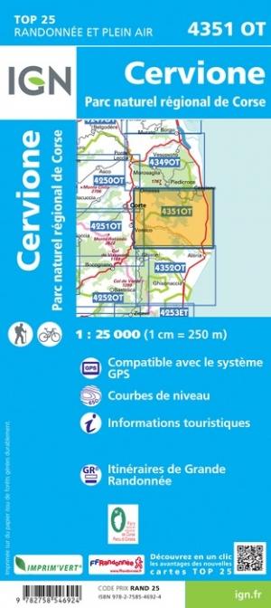 Carte TOP 25 n° 4351 OT - Cervione (PNR de Corse) | IGN carte pliée IGN 