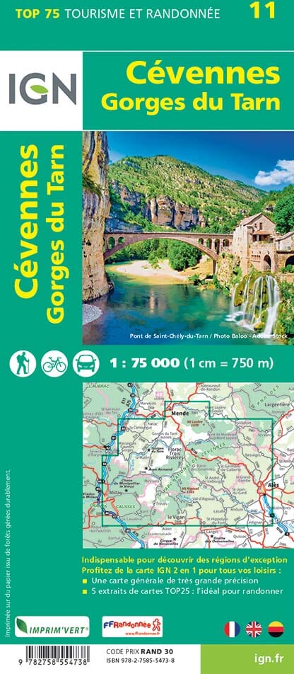 Carte TOP 75 n° 11 - Cévennes et Gorges du Tarn | IGN carte pliée IGN 
