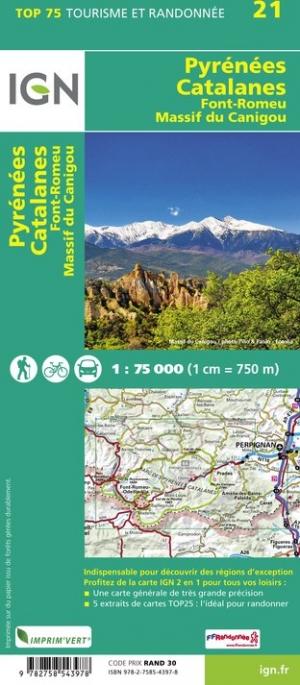 Carte TOP 75 n° 21 - Pyrénées Catalanes, Font Romeu & Massif du Canigou | IGN carte pliée IGN 