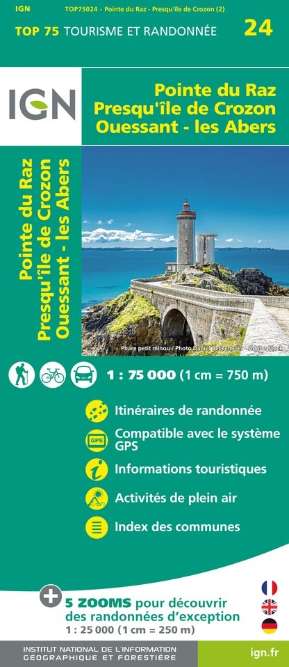 Carte TOP 75 n° 24 - Pointe du Raz, Presqu'île de Crozon, Ouessant, Les Abers | IGN carte pliée IGN 