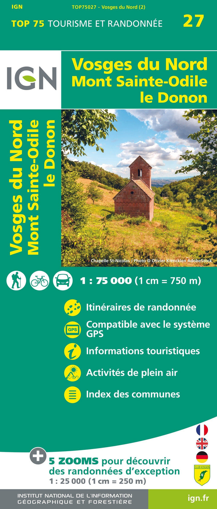 Carte TOP 75 n° 27 - Vosges du Nord, Mont Sainte Odile, Le Donon | IGN carte pliée IGN 