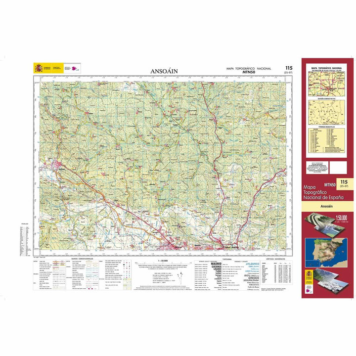 Carte topographique de l'Espagne - Ansoaín, n° 0115 | CNIG - 1/50 000 carte pliée CNIG 