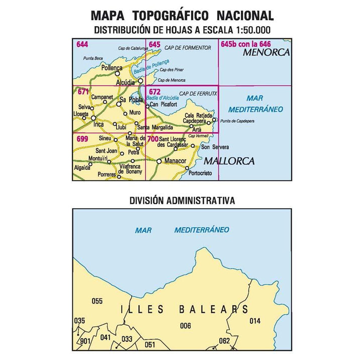 Carte topographique de l'Espagne - Artá (Mallorca), n° 0672 | CNIG - 1/50 000 carte pliée CNIG 