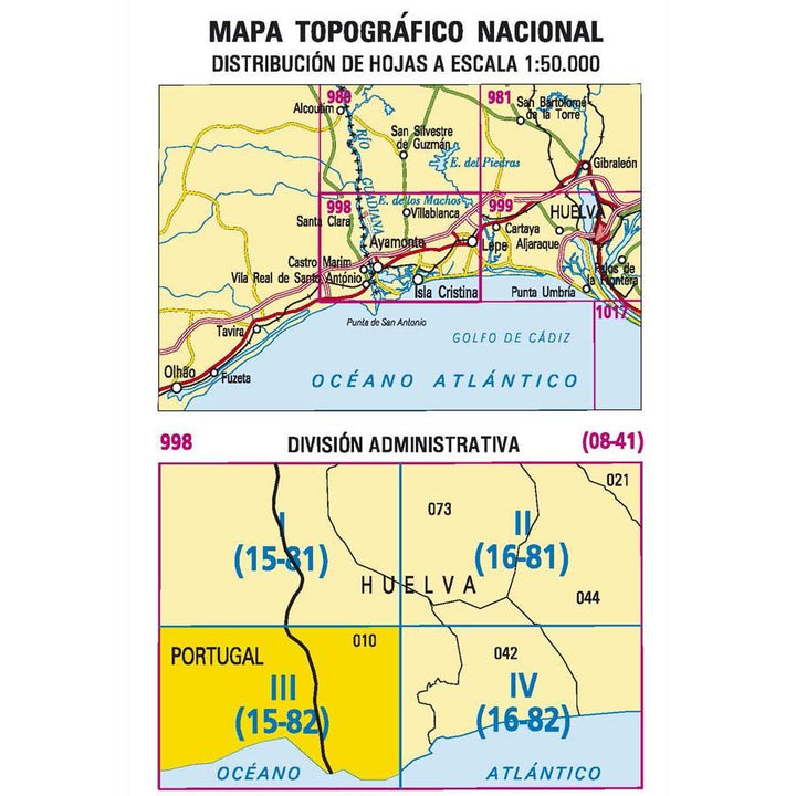 Carte topographique de l'Espagne - Ayamonte, n° 0998.3 | CNIG - 1/25 000 carte pliée CNIG 