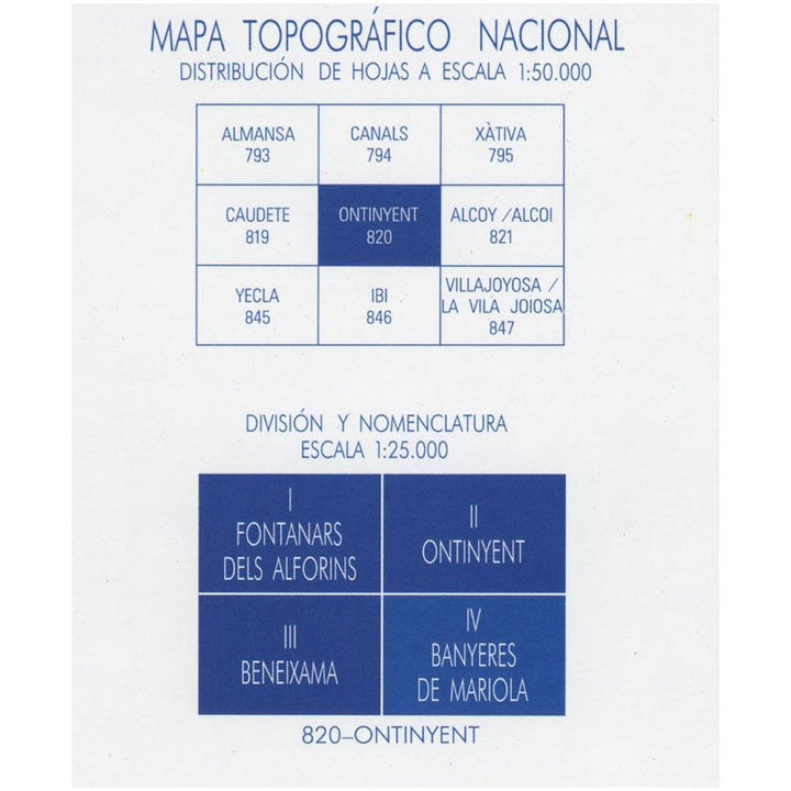 Carte topographique de l'Espagne - Banyeres de Mariola, n° 0820.4 | CNIG - 1/25 000 carte pliée CNIG 