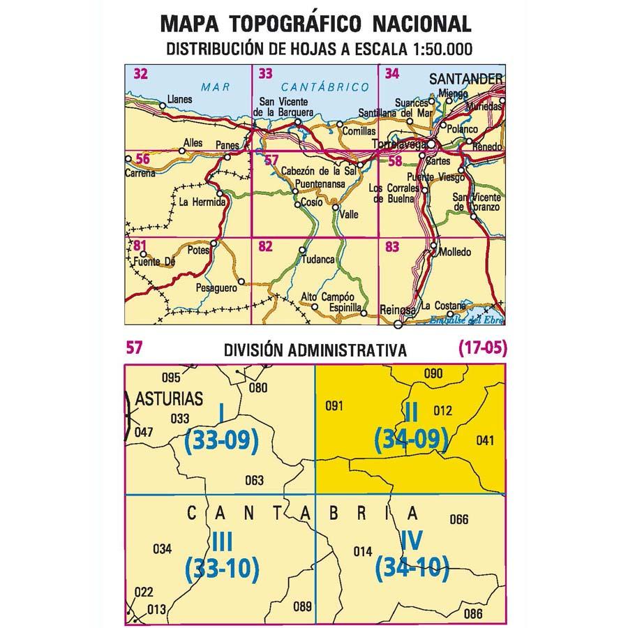 Carte topographique de l'Espagne - Cabezón de la Sal, n° 0057.2 | CNIG - 1/25 000 carte pliée CNIG 