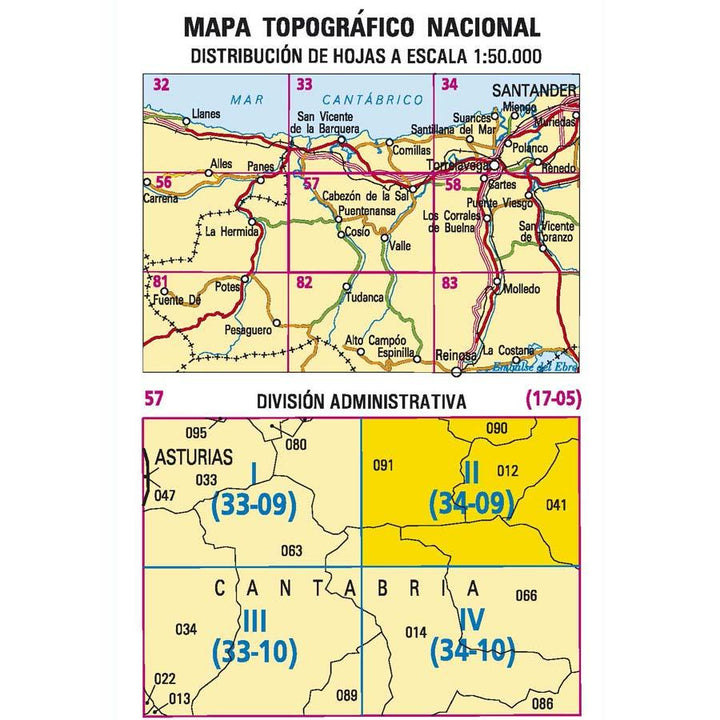 Carte topographique de l'Espagne - Cabezón de la Sal, n° 0057.2 | CNIG - 1/25 000 carte pliée CNIG 