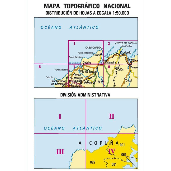 Carte topographique de l'Espagne - Cariño, n° 0001.4 | CNIG - 1/25 000 carte pliée CNIG 
