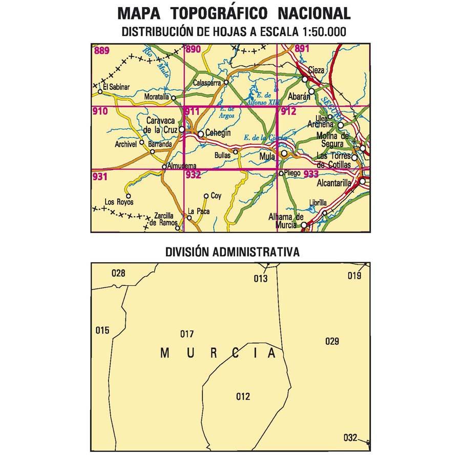 Carte topographique de l'Espagne - Cehegín, n° 0911 | CNIG - 1/50 000 carte pliée CNIG 