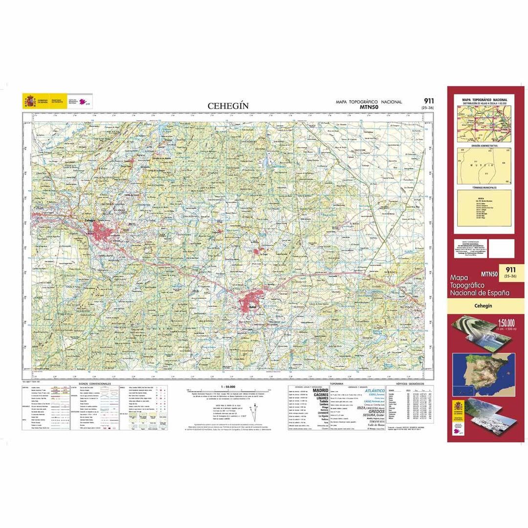 Carte topographique de l'Espagne - Cehegín, n° 0911 | CNIG - 1/50 000 carte pliée CNIG 