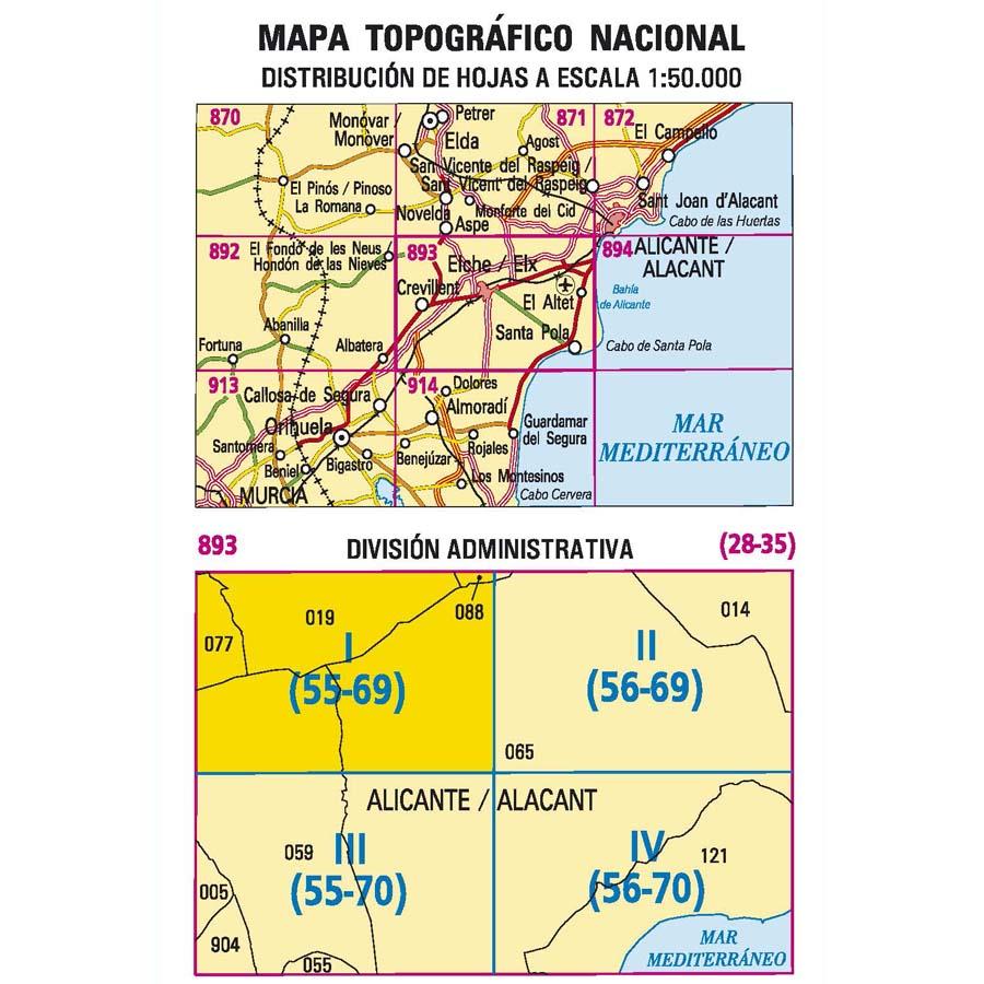 Carte topographique de l'Espagne - Elche, Elx, n° 0893.1 | CNIG - 1/25 000 carte pliée CNIG 